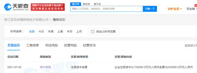 浙江菜鳥傳橙網(wǎng)絡(luò)技術(shù)注冊資本增至25億元，加速布局計算機(jī)軟硬件及外圍設(shè)備制造